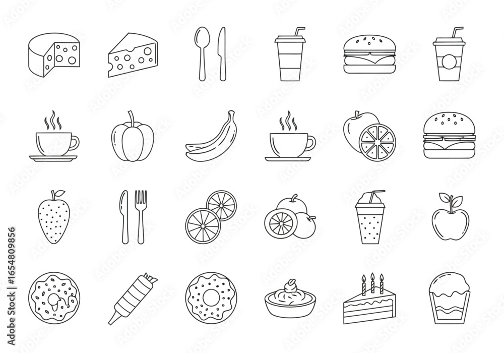 Fototapeta premium Assortment of food and drink icons in a simple line art style, isolated on white background