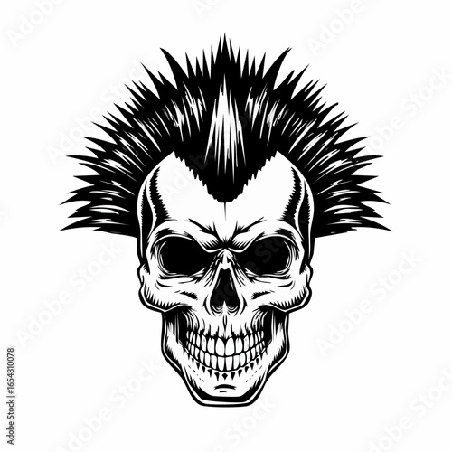 Punk music Skull with a mohawk hairstyle vector illustration isolated on white background.