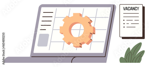 Laptop displaying a gear for process or task optimization, vacancy notice with details nearby, and greenery for balance. Ideal for job search, hiring, technology, development, productivity, teamwork