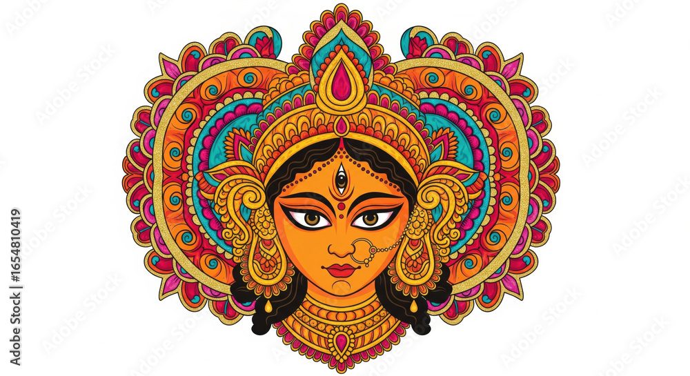 Fototapeta premium Colorful goddess face traditional Indian art ornate headdress vibrant mandala pattern spiritual festive cultural decorative symmetrical joyful expression