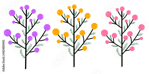 Illustration of a colorful branch decorated with round flowers in shades of purple, yellow and pink. Hand drawn nature clip art decorated with leaves and berries. Suitable for making invitation cards,