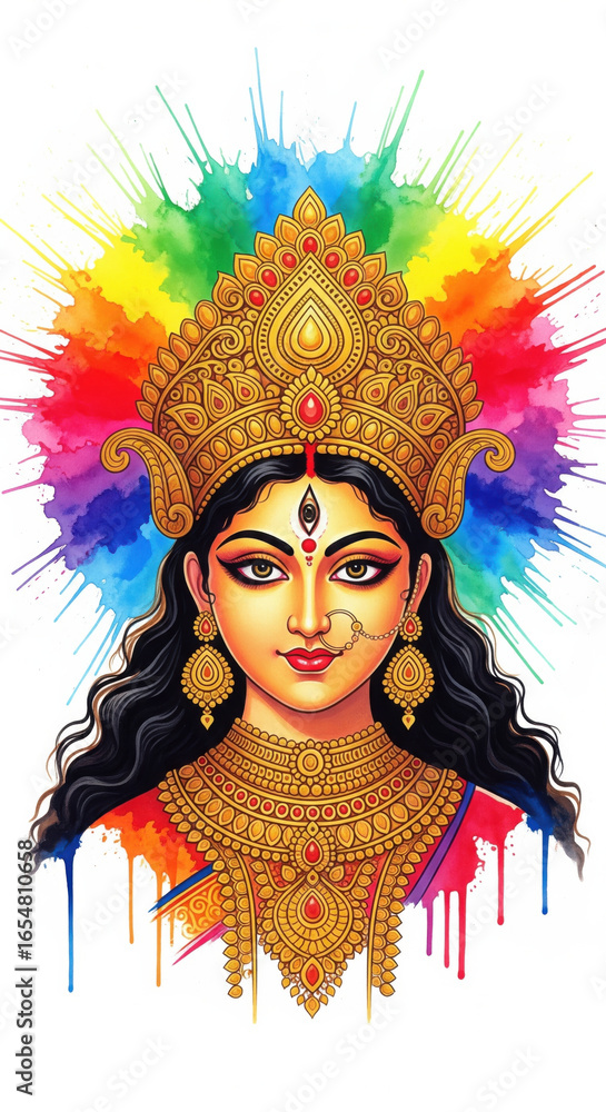 Fototapeta premium Beautiful goddess portrait traditional jewelry golden crown colorful watercolor splash Indian woman divine spiritual ethnic festive vibrant serene expression