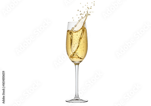 Champagne glass with a splash of bubbles isolated on transparent background