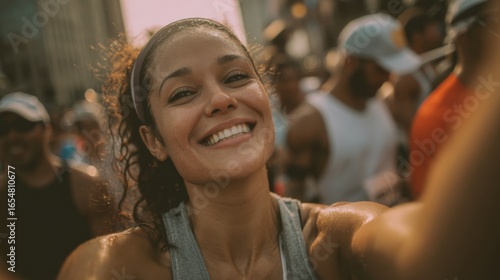 A runner taking a selfie with a big, sweaty smile after finishing a run. The scene is authentic and relatable, celebrating personal achievement.