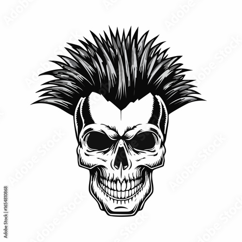 Punk music Skull with a mohawk hairstyle vector illustration isolated on white background.