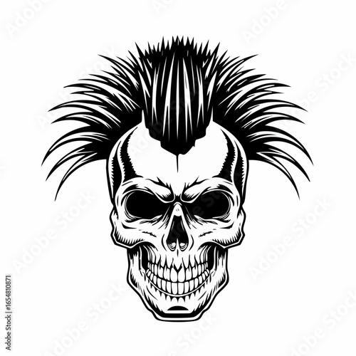 Punk music Skull with a mohawk hairstyle vector illustration isolated on white background.