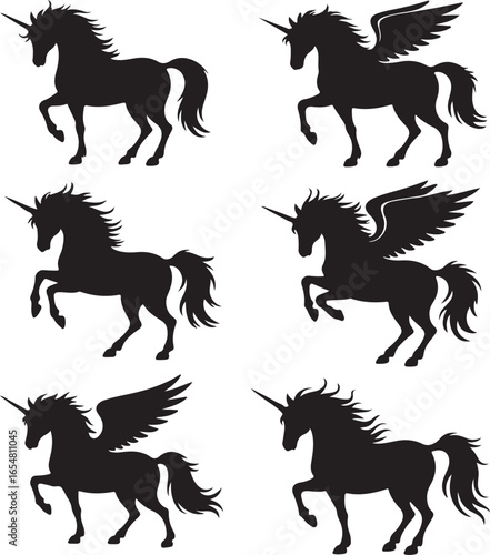 Six Black Silhouettes of Unicorns and Winged Unicorns on White Background pegasus horse