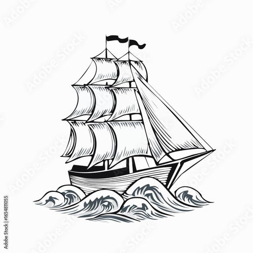 Vintage Sailing Ship on Ocean Waves Vector Drawing isolated on white background.
