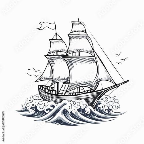 Vintage Sailing Ship on Ocean Waves Vector Drawing isolated on white background.