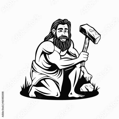 Cave prehistoric man with stone hammer image vector isolated on white background.