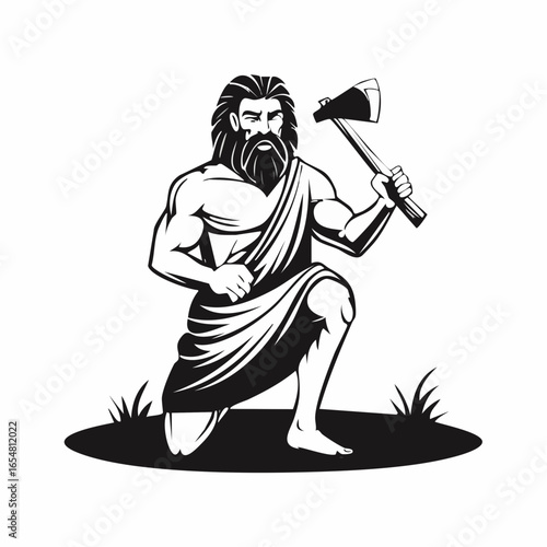 Cave prehistoric man with stone hammer image vector isolated on white background.