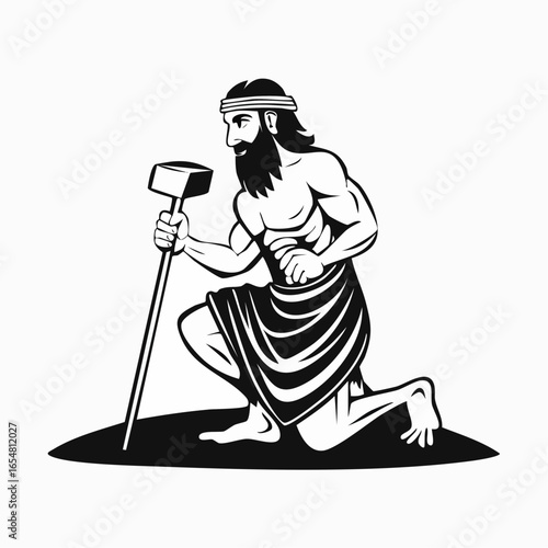 Cave prehistoric man with stone hammer image vector isolated on white background.