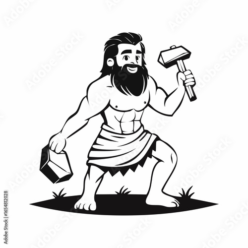 Cave prehistoric man with stone hammer image vector isolated on white background.
