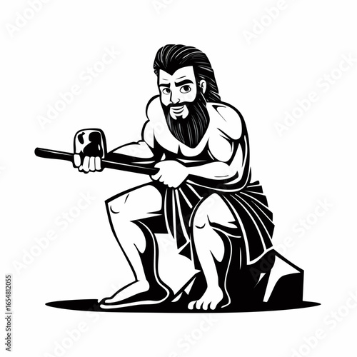 Cave prehistoric man with stone hammer image vector isolated on white background.