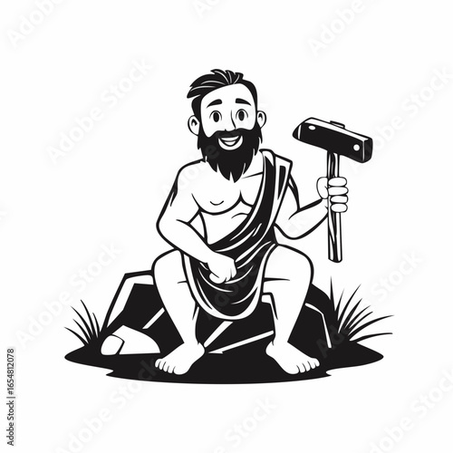 Cave prehistoric man with stone hammer image vector isolated on white background.