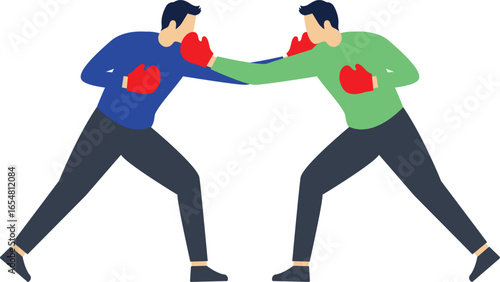 Conflicts and contradictions, quarrels, arguments or rivalries, two businessmen with their backs on fire trying to attack each other

