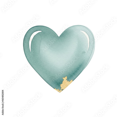 Singular heart, soft muted teal watercolor illustration, subtle brushstrokes, delicate gold leaf accent, isolated on transparent background, generous negative copy space. Concept of love and purity