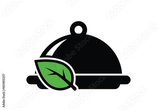 Food serving cloche with a green leaf, symbolizing healthy and organic cuisine, isolated on white background