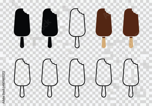 Various ice cream popsicles, some bitten, in black and outline styles