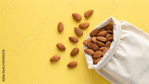 White Sack with organic almond nuts on yellow background. 