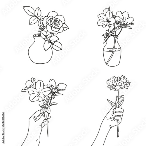 Set of vector line art of beautiful flowers in pots, good for making various decorations, especially pamphlet decorations.