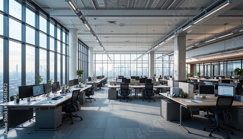 A modern, open-plan office space, bathed in natural light, showcases expansive city views.