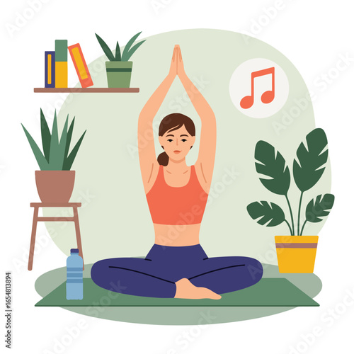 A woman in a lotus position with arms raised in a yoga studio surrounded by plants and a water bottle