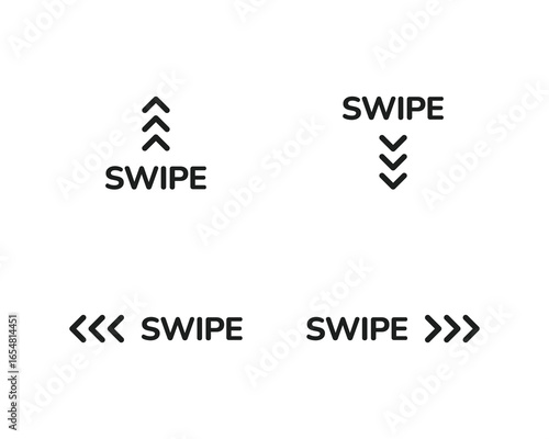 Swipe icon set. Arrow swipe up, down, left, right icon. Slide or swipe symbol. Finger scroll interface. Scrolling slide icons.