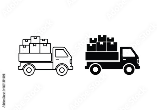 Two icons of a delivery truck loaded with boxes, one outlined and one solid black, isolated on white background