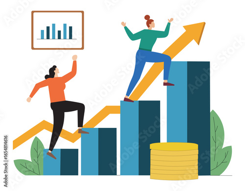 Business growth concept illustration with people climbing bar graph. Teamwork success flat design with upward arrow and bar chart. Business people climbing growth chart with coins and statistics.
