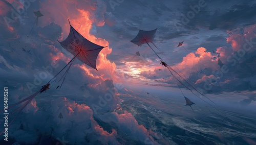 Vast sky, large kites, sunset