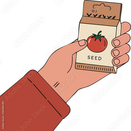Hand holding seed packet with tomato graphic for gardening and planting ideas vector 