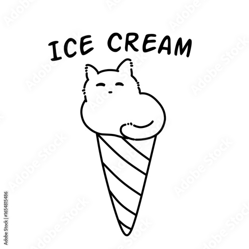 Ice cream cat vector line art outline illustration cartoon.