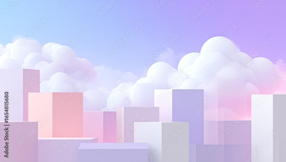 Fototapeta premium Pastel city skyline with fluffy clouds