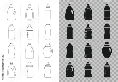 Collection of various bottle icons in black and white, isolated on white background