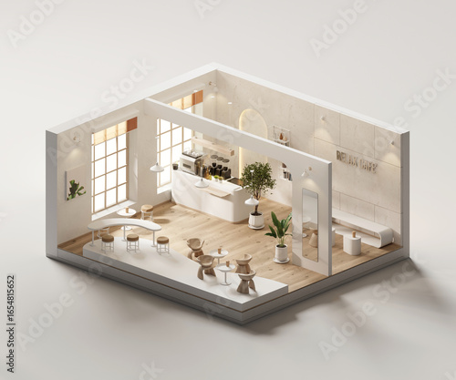 Isometric view black and white minimal cafe store interior architecture, 3d rendering digital art.	
