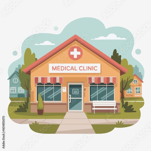 Illustration of a medical clinic building with red roof and a white bench outside in a neighborhood