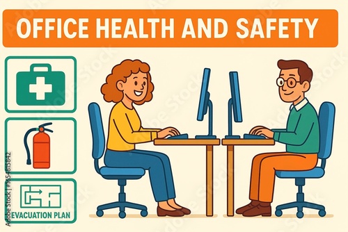 Animated office health and safety poster concept, cheerful employees in vibrant cartoon style demonstrating ergonomic posture at desks
