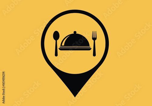 Restaurant location icon featuring a map pin with a covered dish, spoon, and fork, isolated on a yellow background