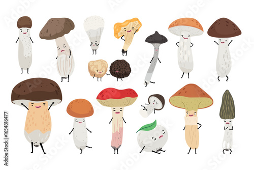Cartoon forest mushrooms with eyes and hands. Vector isolated on white background
