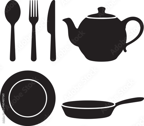 Kitchenware Icons Silhouette Collection On White Background spoon fork