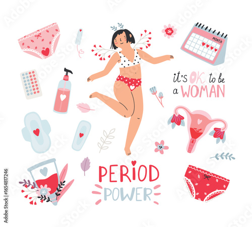 Woman critical days vector set with hygiene products for menstrual cycle