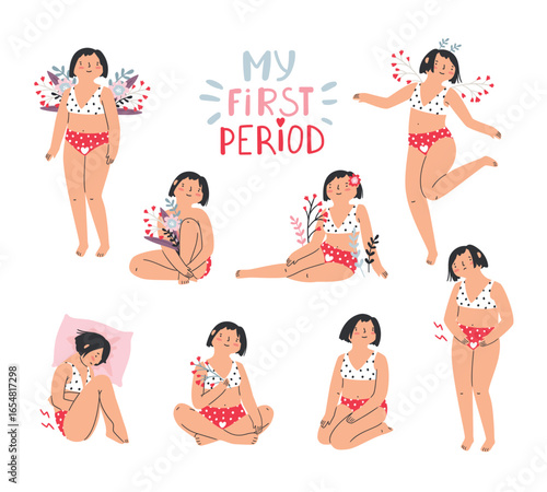 Woman period, female first menstruation with girls and flowers vector set