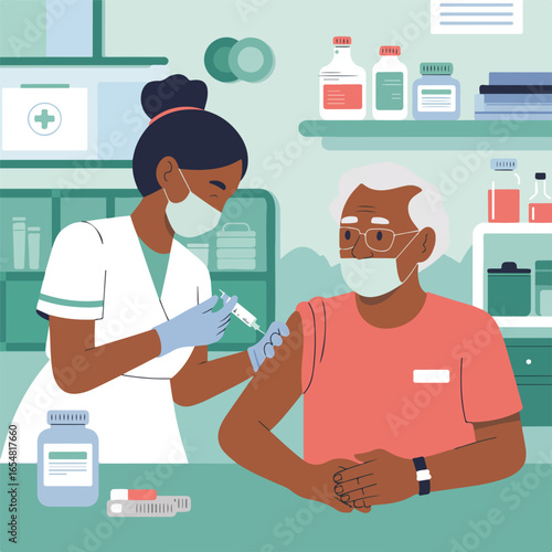 A nurse administering a vaccine to an elderly man in a clinic setting with medical supplies visible behind