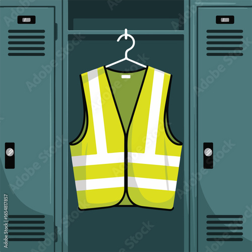 A yellow safety vest with white stripes hanging inside of a blue locker on a white hanger is shown here