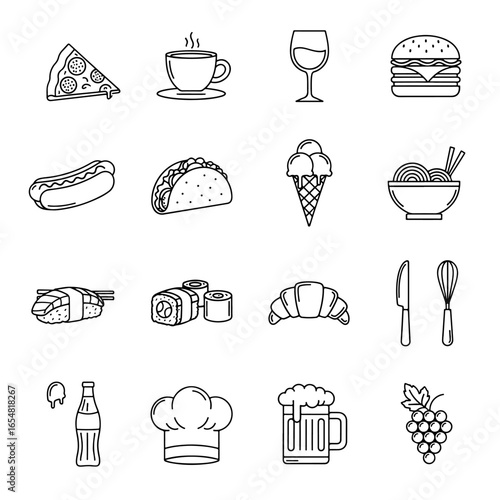 Food icons vector set restaurant menu design pizza burger sushi wine coffee taco ice cream hotdog noodles
