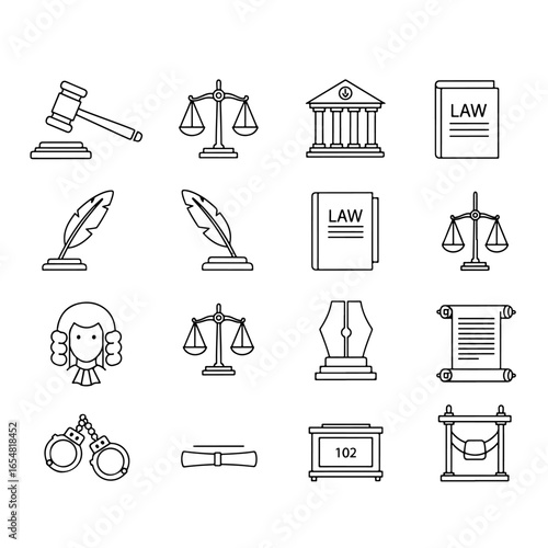 Law and justice icons set vector illustration legal symbols courthouse scales gavel handcuffs judge wig