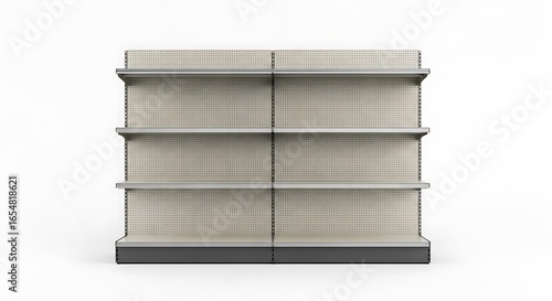 Empty supermarket shelves with pegboard backing, ready for stocking, isolated on white