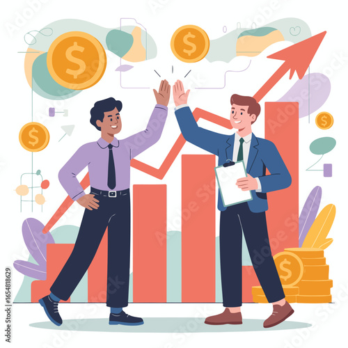 Two business partners celebrate financial success with a high five in front of a graph and coins