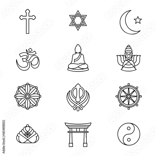 Religious symbols vector icons set christianity islam judaism buddhism hinduism sikhism taoism shinto